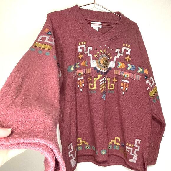Handmade Aztec Painted Dusty Rose V-Neck Long Sleeve Sweater size Large - Picture 2 of 6